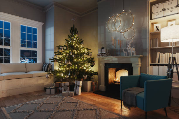 cozy living room with fireplace at christmas night - home decoration stock pictures, royalty-free photos & images