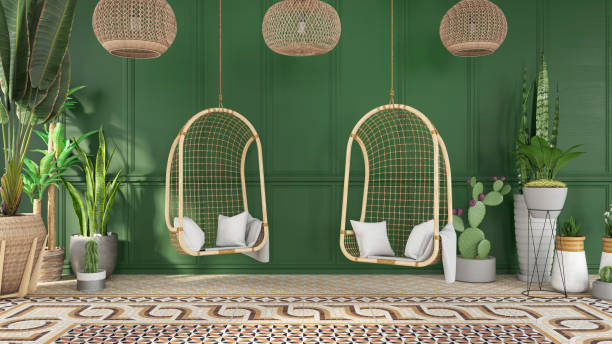 cozy meeting place two hammocks with green wooden wall and plants - home decoration stock pictures, royalty-free photos & images