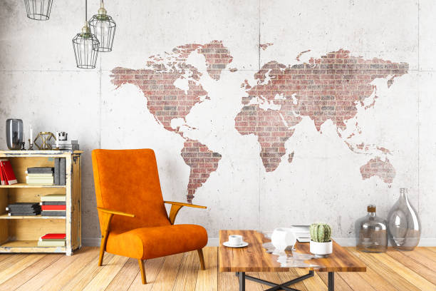 cozy room with world map - home decoration stock pictures, royalty-free photos & images