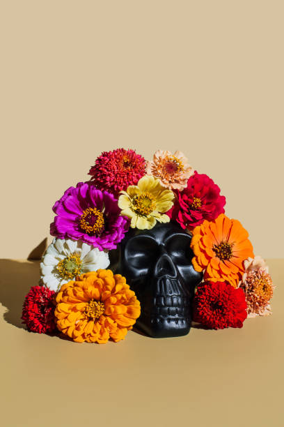 creative halloween or santa muerte idea. mexican skull with bright flowers on beige background. concept of day of the dead, dia de los muertos. - home decoration stock pictures, royalty-free photos & images
