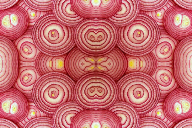 cross sections of a red onion stacked and manipulated to create duplicates - food stockfoto's en -beelden