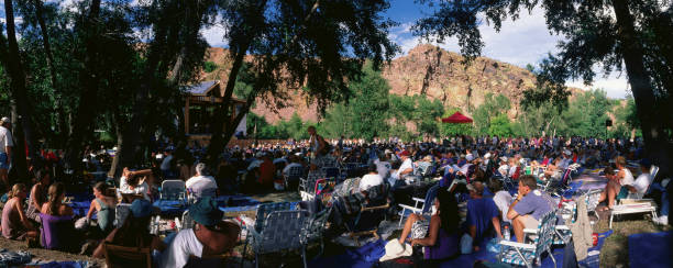 crowd enjoying rockygrass rocky mountains bluegrass festival. - concert stock pictures, royalty-free photos & images