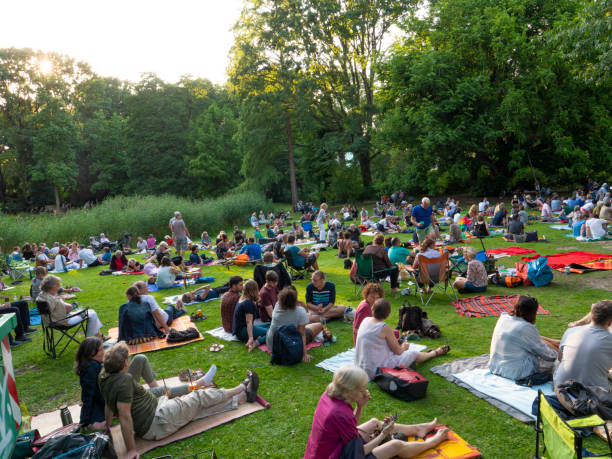 crowd of people in park, picnic. - concert stock pictures, royalty-free photos & images