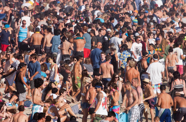 crowded beach scene - young people - concert stock pictures, royalty-free photos & images