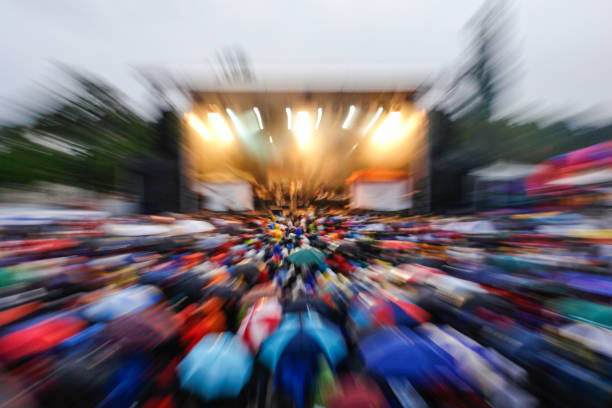 crowded music festival with audience carrying umbrellas - concert stock pictures, royalty-free photos & images