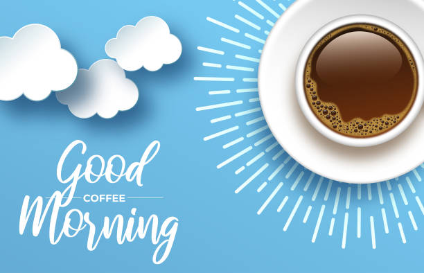 cup of coffee surrounded by sun rays. vector illustration for breakfast and morning ads and subjects - coffee stock illustrations