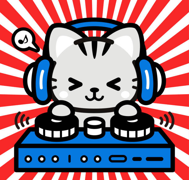 cute character design of a little cat wearing headphones and playing on turntables - concert stock illustrations