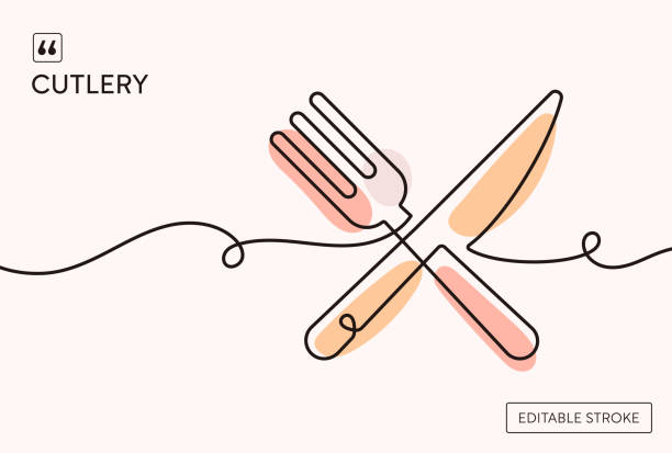 cutlery continuous line illustration - food stock illustrations