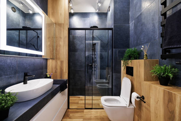 dark blue modern luxury bathroom. - home decoration stock pictures, royalty-free photos & images