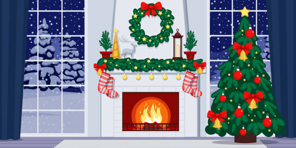 decorated christmas interior with fireplace. - home decoration stock illustrations