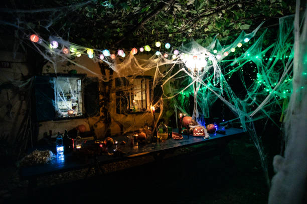 decorated front yard during halloween - garden decoration stock pictures, royalty-free photos & images