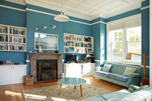 decorated living room at home - home decoration stockfoto's en -beelden