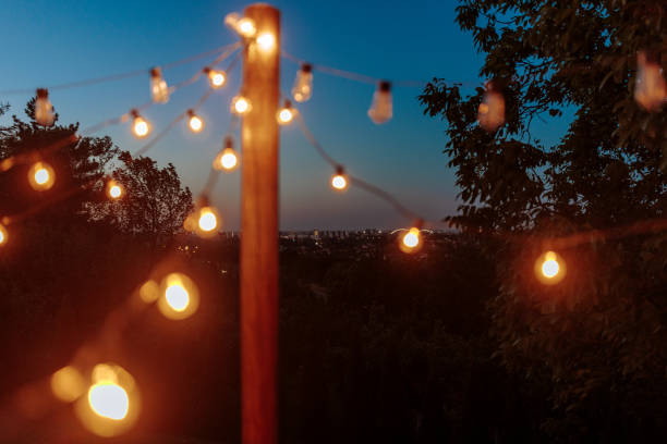decorative lights on a beautiful summer night - garden decoration stock pictures, royalty-free photos & images