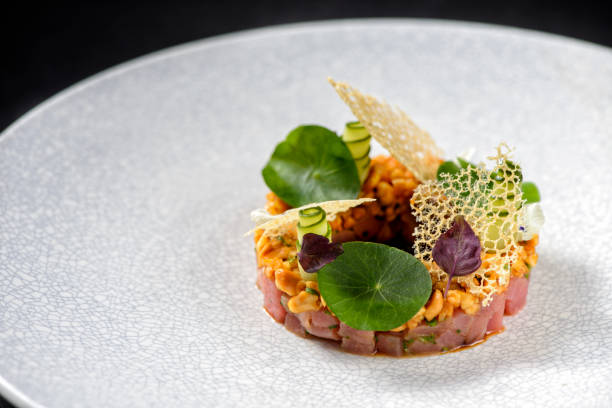 designer dish of yellow fin tuna - food stock pictures, royalty-free photos & images