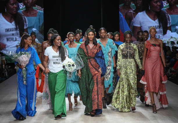 Designer Odio Mimonet model walk the runway wearing Odio Mimonet during Arise Fashi on Week on April 21, 2019 in Lagos, Nigeria.