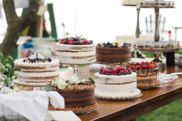 dessert table of mixed chocolate cake and berry cakes at a smaller wedding celebration in a backyard in sumer july - garden decoration stock pictures, royalty-free photos & images
