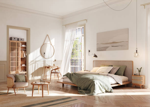 digital render of a serene bedroom oasis with natural light - home decoration stock pictures, royalty-free photos & images