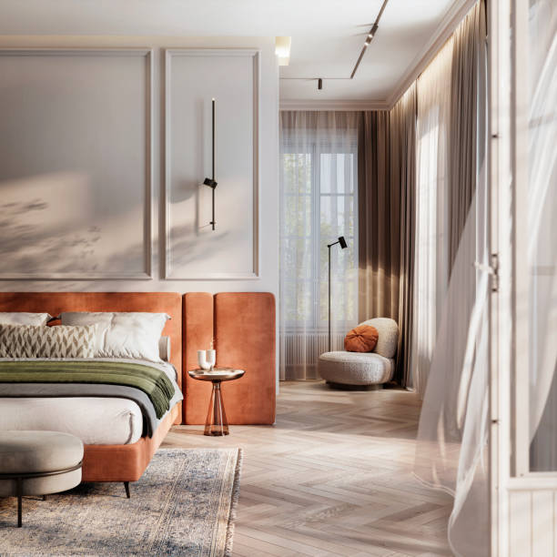 digitally generated domestic bedroom interior - home decoration stock pictures, royalty-free photos & images