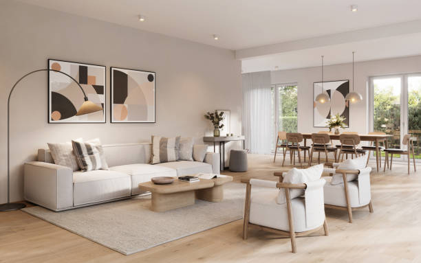digitally generated image of a fully furnished living room - home decoration stock pictures, royalty-free photos & images