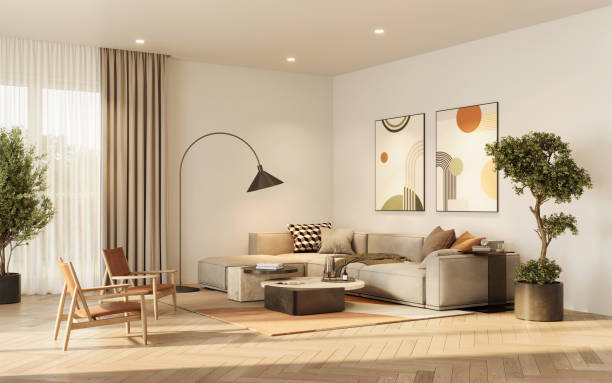 digitally generated image of a living room with a wooden floor - home decoration stock pictures, royalty-free photos & images