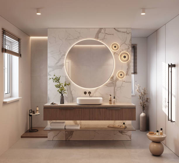 digitally generated image of a luxury bathroom with marble tiles - home decoration stock pictures, royalty-free photos & images