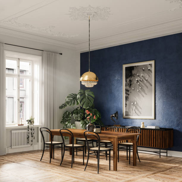 digitally generated image of dining area in a modern home - home decoration stock pictures, royalty-free photos & images