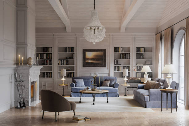 digitally rendered view of a beautiful living room - home decoration stock pictures, royalty-free photos & images