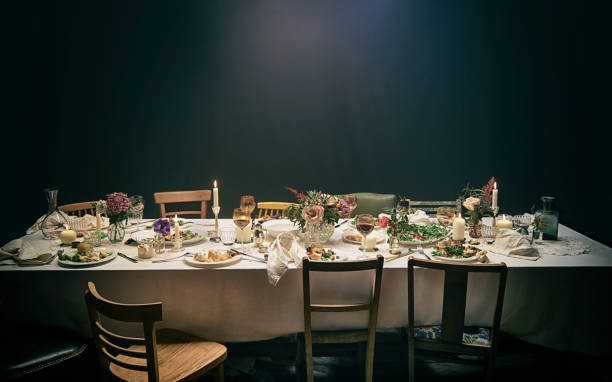 dining table and chairs - food stock pictures, royalty-free photos & images