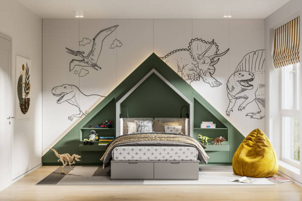 dinosaurs theme kids room interior in 3d render - home decoration stock pictures, royalty-free photos & images