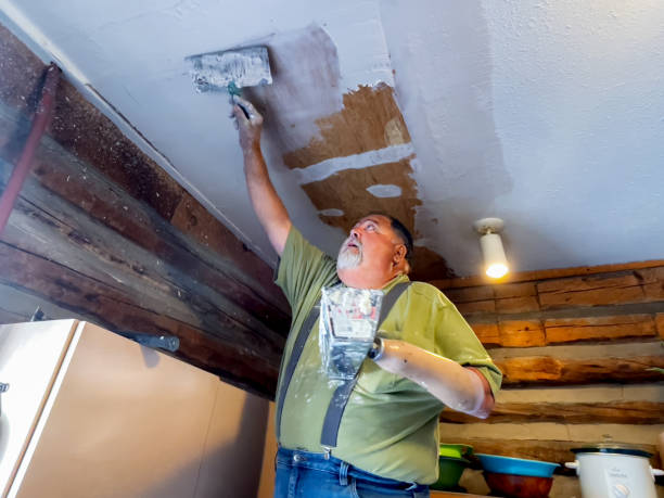 disabled dry wall contractor, patching a ceiling using a drywall tray he made to use with his prosthetic hook - home decoration stock pictures, royalty-free photos & images
