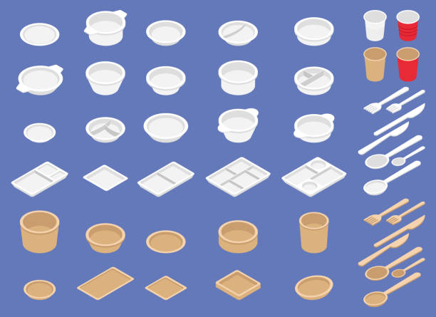 disposable tableware set isometric vector - junk food stock illustrations