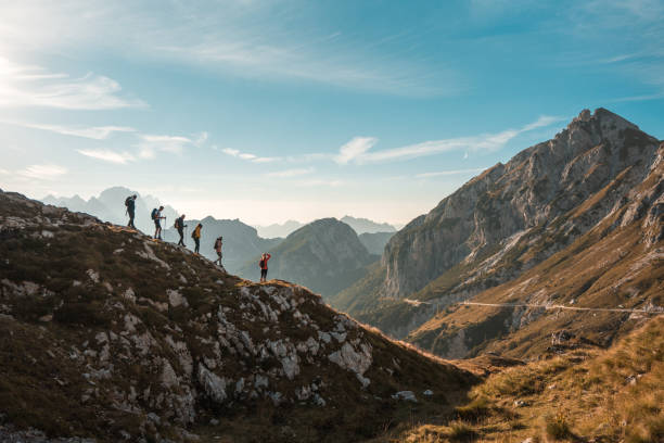 diverse friends enjoying sunny mountain hike - travel stock-fotos und bilder