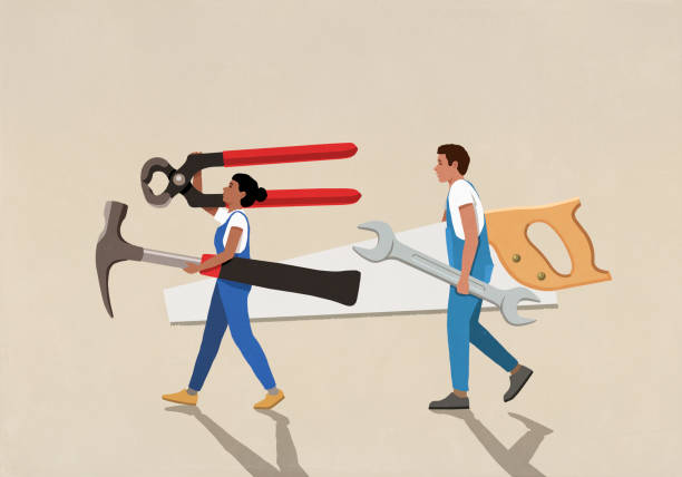 diy couple carrying large tools on beige background - home decoration stock illustrations