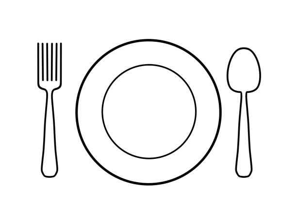 drawing of a plate with a spoon and a fork - food stock pictures, royalty-free photos & images