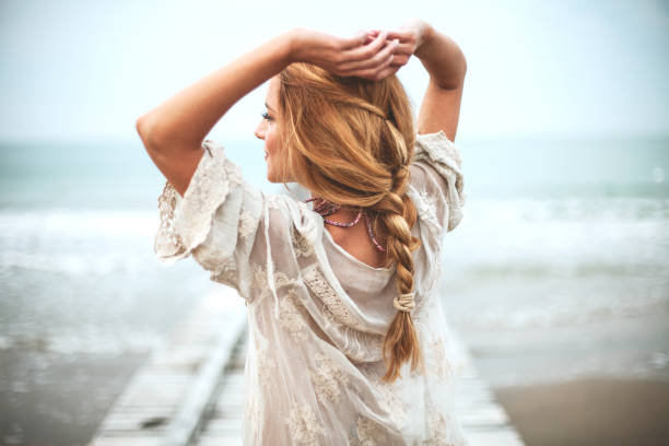dreamy girl on beach - fashion stock pictures, royalty-free photos & images