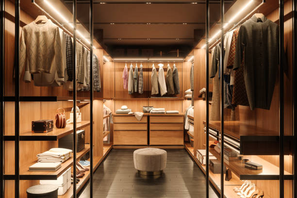 dressing room interior with shoes, bags and hanging clothes - home decoration stock pictures, royalty-free photos & images