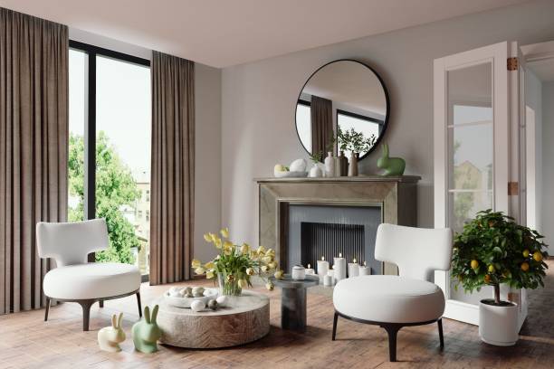 easter decorations in living room - home decoration stock pictures, royalty-free photos & images