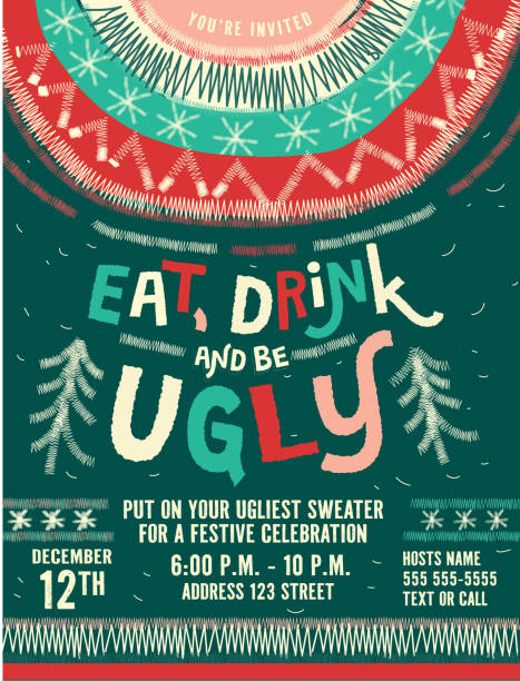 eat, drink and be ugly festive holiday ugly sweater party invitation design template - fashion stock illustrations