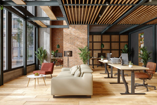 eco-friendly modern office interior with brick wall, waiting area and indoor plants. - home decoration stock pictures, royalty-free photos & images