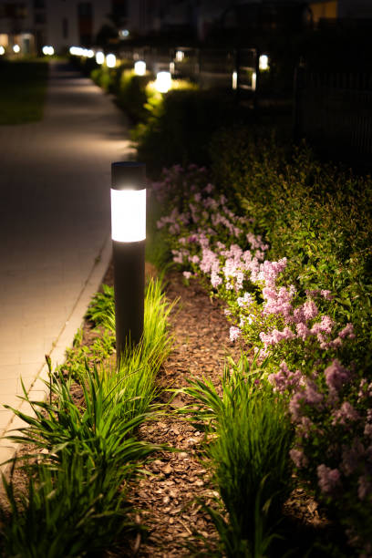 elegant courtyard at night - garden decoration stock pictures, royalty-free photos & images