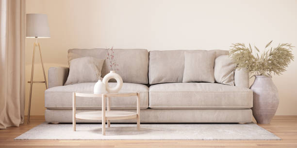 elegant home interior in japanese style. modern scandinavian living room interior design with sofa. 3d rendering - home decoration stock pictures, royalty-free photos & images