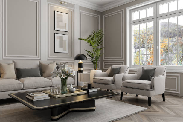 elegant neo-classical parisian luxury living room with modern touches - home decoration stock pictures, royalty-free photos & images
