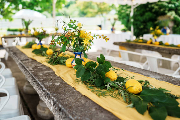 elegantly decorated table at wedding reception - garden decoration stock pictures, royalty-free photos & images