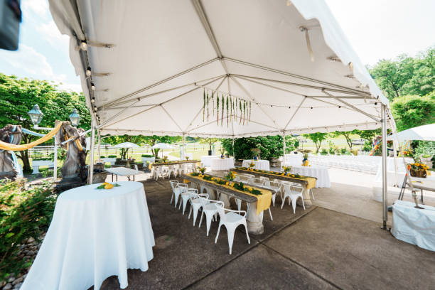 elegantly decorated tables at wedding reception - garden decoration stock pictures, royalty-free photos & images