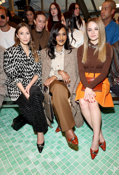 Elizabeth Olsen, Mindy Kaling and Joey King attend Tory Burch Spring/Summer 2025 during New York Fashion Week at Skylight at the Refinery on...