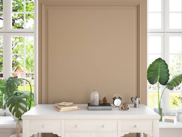 empty beige wall with home accessories - home decoration stockfoto's en -beelden
