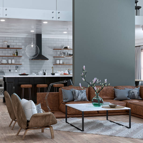 empty classic brown kitchen and dining room with rectangular rustic breakfast kitchen island and living room in front - home decoration stock pictures, royalty-free photos & images