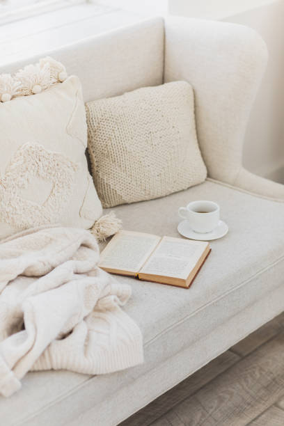 empty couch with beautiful pillow, tea cup and book. - home decoration stock pictures, royalty-free photos & images