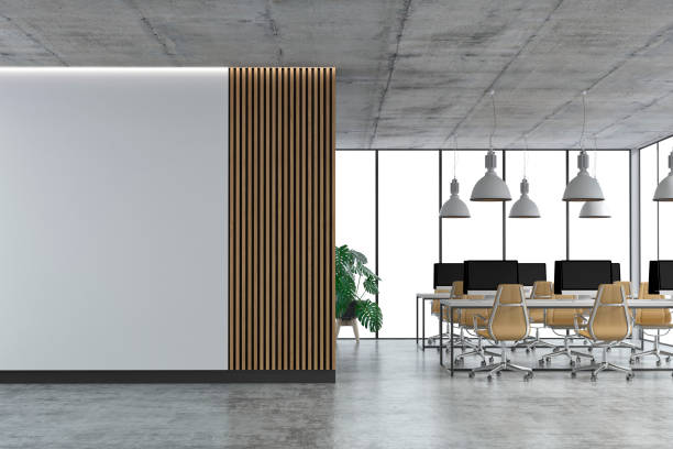 empty office interior with copy space and wordesks on concrete floor - home decoration stock pictures, royalty-free photos & images