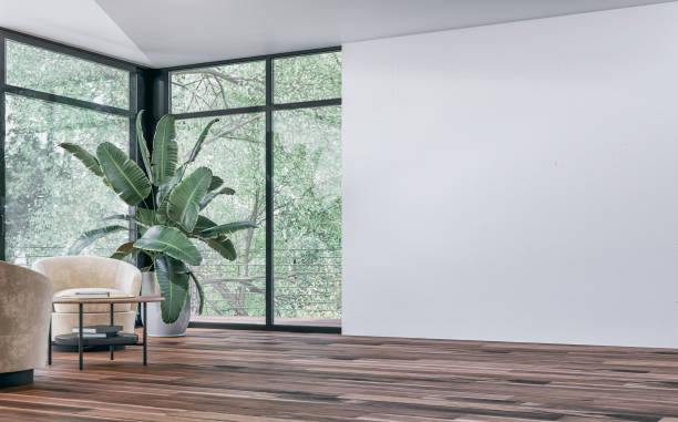 empty unfurnished modern interior with a large potted plant (strelitzia nicolai), a set of lounge yellow chairs and a coffee table in front of large corner windows with garden view and balcony, a blank white wall on the other